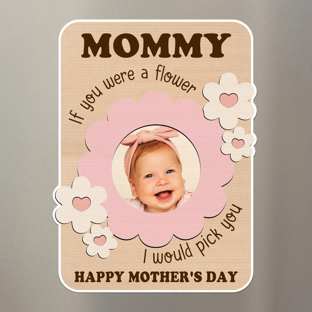 Custom Kid Photo With Flower Frame Gift For Mother's Day - Personalized Photo Magnet